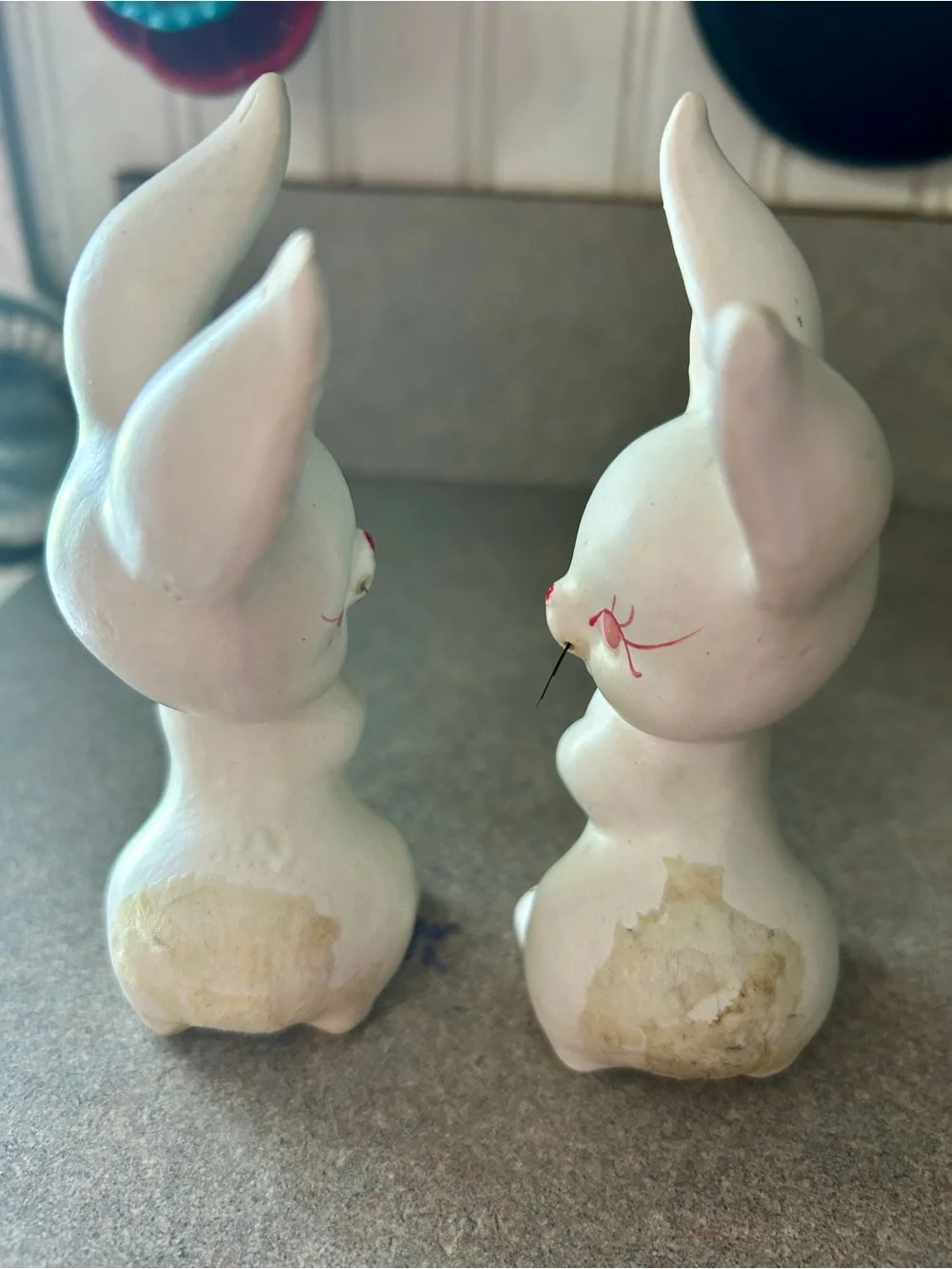 Pair of White bunnies arthroscopic style Figurines with Pink Accents -